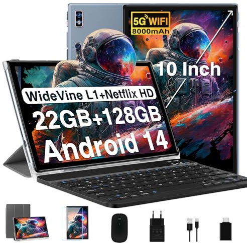 2025 Neueste Tablet 10 Zoll Android 14 tablet,22GB RAM+128GB ROM/1TB TF, Octa-Core, 2.0GHz,5G+2.4G WiFi, BT 5.0, 8000mAh, Widevine L1,8+5MP, AGPS, 2 in 1 Tablet PC Mit Tastatur und Maus - Grau
