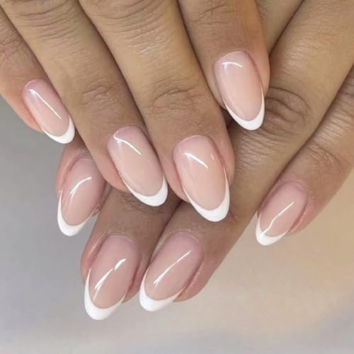 24 Pezzi Unghie Finte French Mignonne Amandorate Adesivi per Unghie A Contatto Completo con Disegni Acrilici Rosa Bianca per Nail Art per Donne e Ragazze