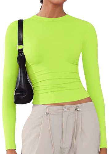 ARCFEETORY Women's Soft Long Sleeve Shirts Crew Neck Tops Basic Tees Stretchy Going Out Crop Tops Y2K Slim Fit T-Shirts Neon Green S