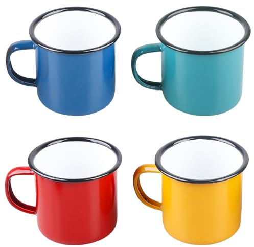 Emaille Tasse 4er-Set, 350ml Mehrweg Emaille Becher Teetassen Set Trinkbecher Tragbar Kaffeebecher Kaffeetassen Teetassen für Daheim Party Haus Büro oder Camping, Gelb/Rot/Blau/Grün