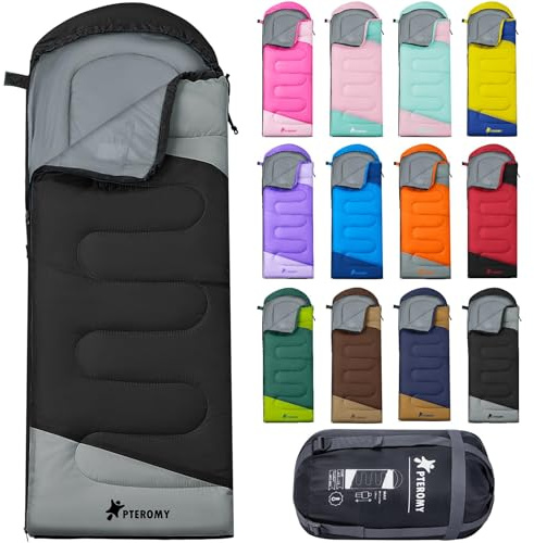 PTEROMY Sleeping Bags for Adults, Lightweight and Machine Washable, Water Resistant Backpacking Camping Sleeping Bag for Warm Cold Weather, Camping Essentials for Hiking Travel (Black, 1.35kg)