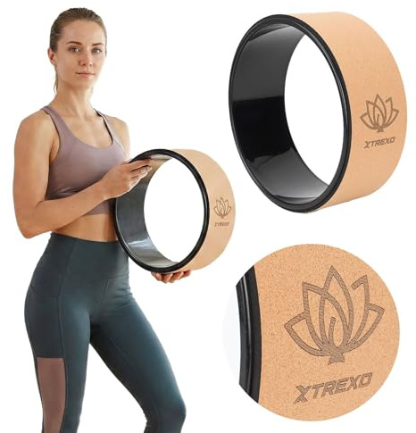 TREXO Rueda de yoga de corcho natural con un diámetro de 32 cm y una anchura de 13 cm en color marrón de corcho 100% ecológico, perfecta para estirar, cómoda gracias al acolchado de espuma, rueda de