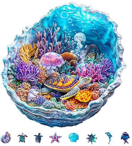 KAAYEE Wooden Puzzles for Adults, 3D Visual Effect Ocean's Embrace Turtle Wooden Jigsaw Puzzle Unique Shape Wood Puzzle Adult, 3D Effect Flat Puzzle Birthday Family Games (M-11.4 * 11.3in-175pcs)
