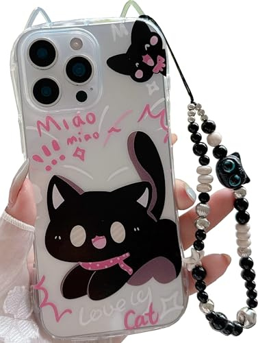 JANDM Custodia per iPhone 16 con cinturino in perline, a forma di orecchie di gatto, trasparente e morbida, per ragazze e donne, custodia protettiva estetica per fotocamera con portachiavi da polso