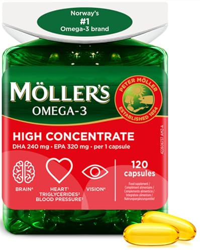 Moller’s ® | High Concentrate | Omega 3 | Aceite de pescado de alta concentración | Alta dosis de 3360 mg de EPA+DHA | En triglicéridos | Cerebro, vista, corazón y presión arterial | 120 cápsulas