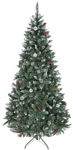 HOMCOM Albero di Natale Innevato Alto 210 cm con 928 Rami, Albero di Natale Artificiale da Interno con Pigne e Bacche Rosse Decorative, Base in Metallo Pieghevole, Facile da Montare, Verde