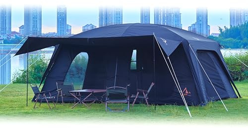 KTT Extra Large Tent 12-14 Person,Family Cabin Tents,2 Rooms,Straight Wall,2 Doors 4 Windows with Mesh,Waterproof,Straight Wall,Big Tent for Outdoor,Picnic,Camping,Gathering(Black)