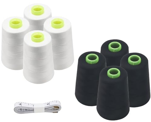 8x5000 Yards Overlocker Thread Overlocking Sewing Machine Polyester Thread | 40S/2 Black White Sewing Thread Cones with Measuring Tape for Hand and Machine Sewing Crafts