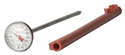 Taylor Instant Read Analog Meat Food Grill BBQ Cooking Kitchen Thermometer with Red Pocket Sleeve for Calibration, 1 inch dial, Stainless Steel