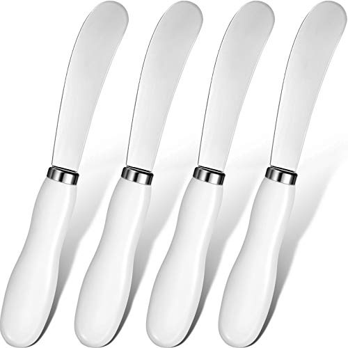 Patelai 4 Pcs Butter Spreader Knives, Stainless Steel Butter Knife with White Porcelain Handles Multipurpose Cheese Spreader for Kitchen Use for Soft Cheese, Jam, Charcuterie, Pastry, 5.74 Inch