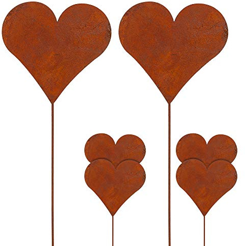 Cepewa Rusty - Set di 6 Decorazioni da Giardino a Forma di Cuore in Zinco, Altezza 35 cm, Colore Ruggine