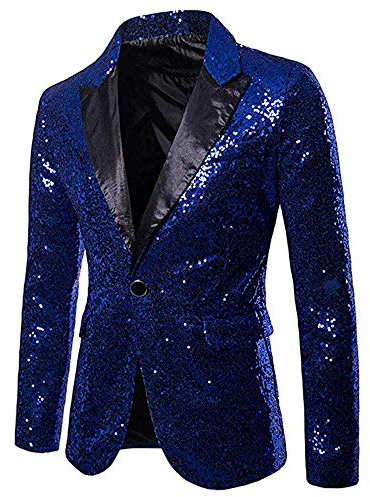 XIXIMAON Chaqueta de traje con lentejuelas para hombre, chaqueta de esmoquin slim fit con botón, brillante, elegante para boda, fiesta, cosplay, discoteca, club, Halloween, azul, XXL
