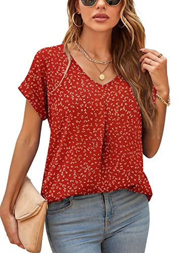 Yommay Blouses for Womens V Neck Ladies Tops Summer Chiffon Blouses Tops Short Sleeve Casual T Shirts(Flower Wine Red,Large)