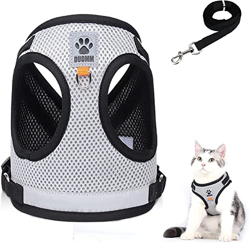 Katzenleine Set für Katzen,Polyester Verstellbares Katzen Geschirr mit Leine,Katzen Weste mit Reflektierenden Streifen für Kitten Hunde (Grau, XS)