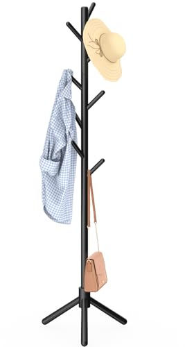 YheenLf Garderobenständer Holz, Kleiderständer Massivholz, Jackenständer für Kleidung, Hüte, Taschen, Eingang, Wohnzimmer, Schlafzimmer, 8 Haken, 3 Verstellbare Höhen, Schwarz, 42x180cm