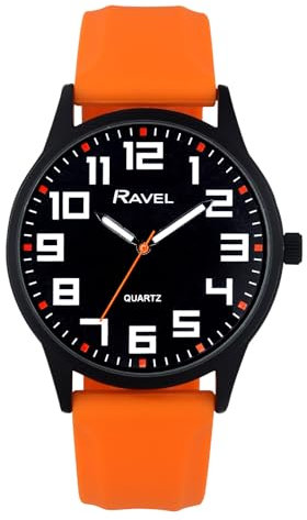 Ravel - Herrenuhr mit Schwarzem Gehäuse, Sportlichem Silikonarmband und Hervorgehobenen Stundenmarkierungen - Analoges Quarzwerk - RS003.08 - Orange