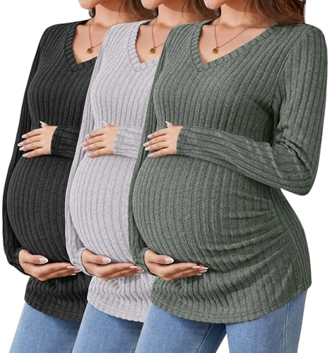 Ficerd Umstandsshirts 3-teilig Langarm Schwangerschaftskleidung V-Ausschnitt Gerippte Passform Mama-Pullover Thermo-Oberteile(Armeegrün, Hellgrau, Schwarz,S)