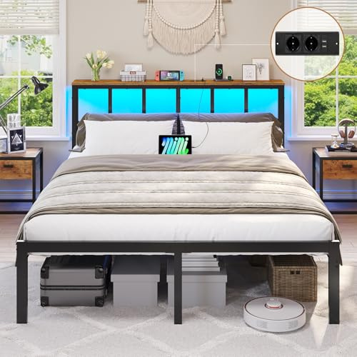 Brinlawb Cadre de lit 140 x 190 avec Sommier en Métal, Lit 2 Personnes avec Lumières LED & Multiprise(2 Prises AC,2 Ports USB) Lit Double 140x190 cm avec Rangement, Cadre en métal, Marron Vintage&Noir