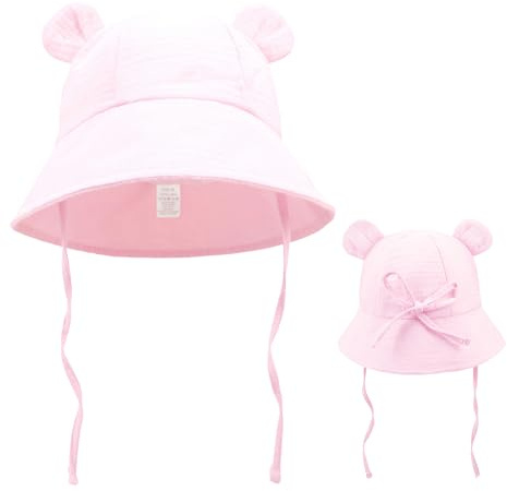 Aideer Bomull babysolhatt med söta björnöron 6–48 månader, pojkar, flickor, UV-skydd, sommarhatt med justerbar hakrem, buckethatt, fiskarhatt, ROSA, One size