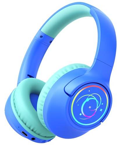 Kids Bluetooth Headphones, 85H Playtime Wireless Headphones for Kids, Colorful LED Lights, 85/94dB Safe Volume Limit, Bluetooth 5.4 Built-in Mic Toddler Headset for Tablet/Airplane/Travel (Blue)