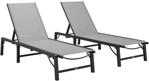 Outsunny Folding Sun Lounger Set of 2, 5-Position Adjustable Reclining Garden Loungers, Garden Chaise Lounge Sunbed Recliner Chairs with Steel Frame for Beach, Porch, Patio, Camping, Light Grey