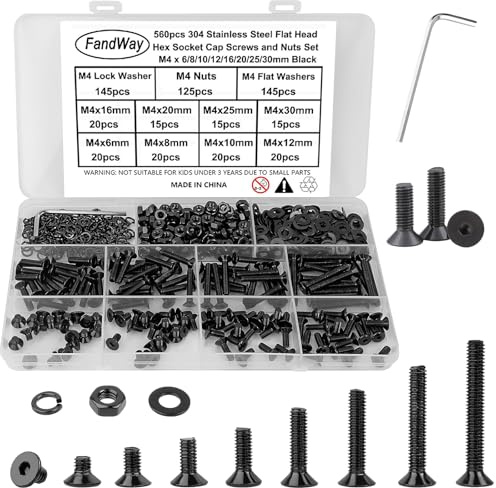 FandWay 560Pcs M4 Bolts and Nuts Set,Countersunk Head Machine Screws Black,Allen Screws 304 Stainless Steel,Flat Head Hex Socket Screw Bolt Nut Flat & Lock Washers Assortment,Fully Threaded With Key.