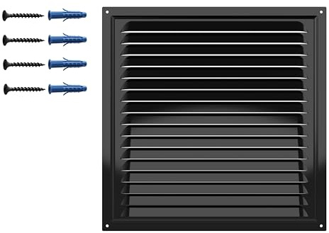 Grille de Ventilation Noire Mate – Acier Galvanisé avec Filet de Protection – Revêtement Polymère RAL9005 – Anticorrosion Mur ou Plafond – Carrée 300 x 300 mm – Usage Intérieur Extérieur.