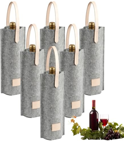 6 stycken flaskpåsar i filt, en flaska vinpåse, vinpåsar i filt, vinflaskor, presentpåse vinflaska, återanvändbara vinflaskpåsar för fester, picknick (grå)