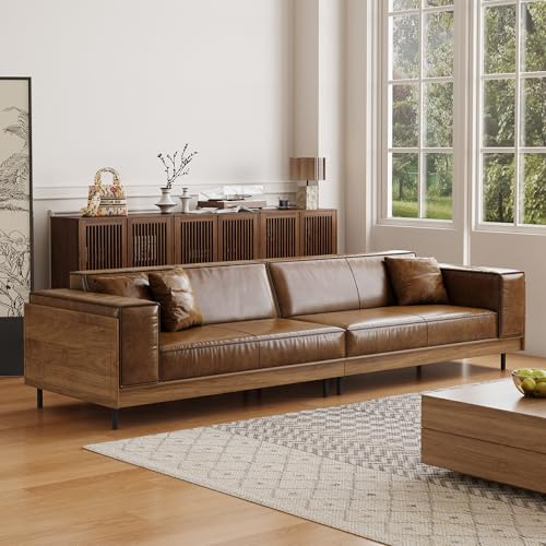 gaoyangjiaju Mid-Century Modern Leather Sofa 111.81 with Wooden Accents on Sides & Back, Spacious 3 - Seat Couch for Living Room, Bedroom or Lounge Space, Brown