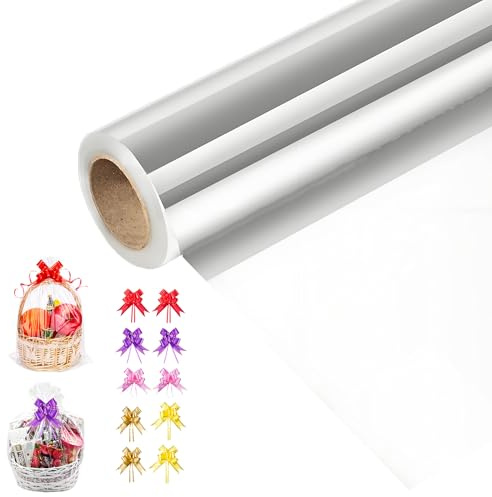 Film cadeau transparent - 40 cm x 30 m - Avec 10 nœuds - Papier cadeau transparent de 3 mm d'épaisseur - Pour fleurs de mariage, paniers-cadeaux, rouleaux de papier transparent pour Noël