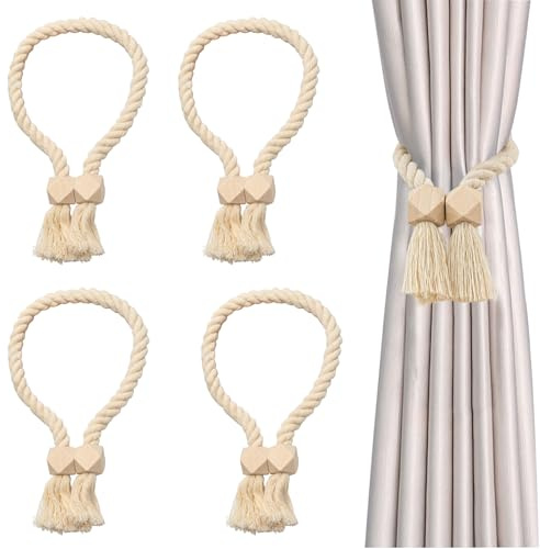 Magnetisk gardin, gardinomtag, 4 stycken gardinomtag för gardiner (beige) | Gardinraff av trä, handvävd gardinhållare, gardiner gardinomtag bomullsrep för gardiner hem kontor gardiner dekoration
