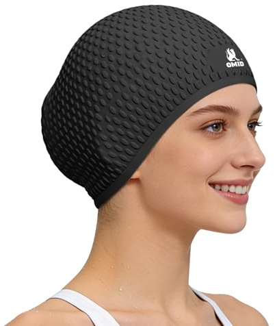 OMID Swim Cap Women Adult, Silicone Comfortable Waterproof Swimming Cap for Long Hair, Pool Beach Training (Black)