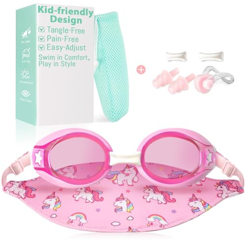 Pixel Panda Kids Goggles with Fabric Strap for 3-14, No Hair Pulling, Kids Swim Goggles for Boys Girls Toddler, Ideal for Swim Class, Pink