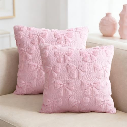 Joymaison Federe per Cuscini Divano 45x45 set di 2 Fiocco Rosa Federa Copri Cuscino Morbido Pelliccia Sintetica Soffice Federe Confezione Copricuscini Quadrati per Camera da Letto Divano