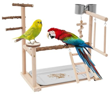 Parco giochi per uccelli, parco giochi in legno per pappagalli, con 2 feeder in acciaio inox, altalena, scala e vassoio, supporto per pappagalli, pappagalli, pappagalli