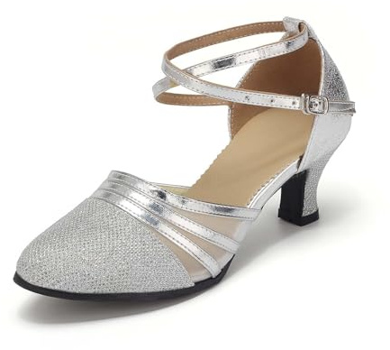 Escarpins à Talons pour Femme Escarpins à Bride arrière Scintillants avec Boucle pour la Danse Latine, Semelle Souple, Confort Optimal, Talon mi-Haut, Chaussures habillées à Enfiler (Silver, 42)