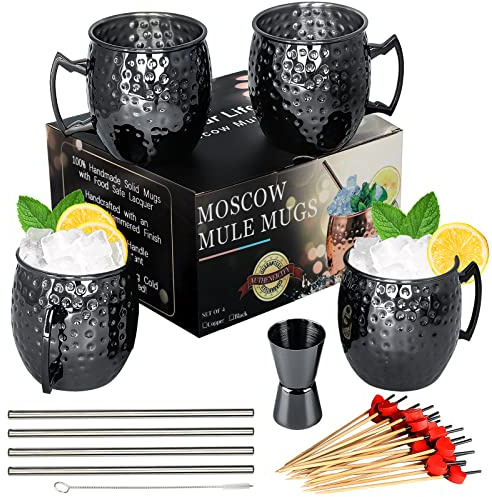 LINALL Moscow Mule Mugs- Set of 4 Gunmetal Black Plated Stainless Steel Mug 18 oz, for Chilled Drinks (4 Pieces)