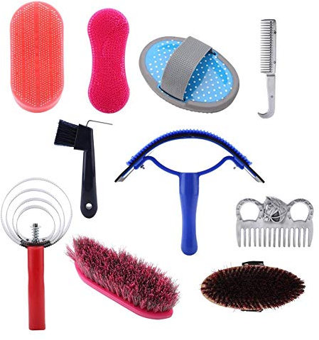 DEWIN Pferdereinigungs Set, Pflegeset Pferd Pflege Kit, 10 Stücke Brush Putzzeug für Pferde Set Equestrain Pinsel Curry Kamm Pferd Reinigungswerkzeug Set