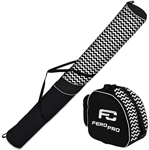Ferocity Premium Set Skitasche und Skischuhtasche für 1 Paar Ski-Stöcke-Schuhe-Helm Zickzack Schwarz und Weiß [053]