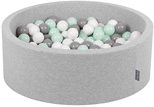 KiddyMoon Bällebad 90X30cm/300 Bälle ∅ 7Cm Bällepool Mit Bunten Bällen Für Babys Kinder Rund, Hellgrau:Weiß/Grau/Minze