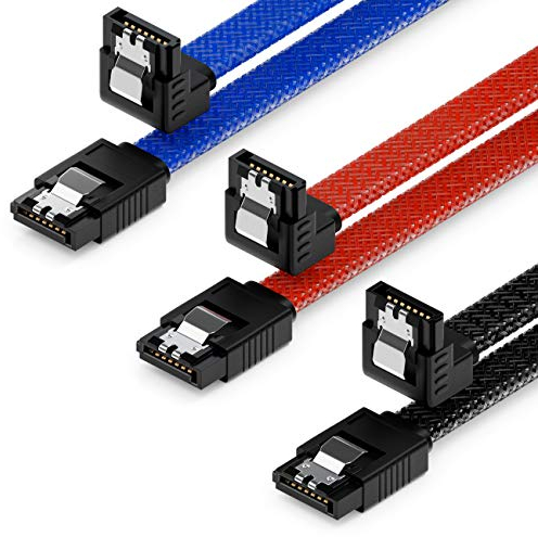 deleyCON 3x 50cm SATA 3 Nylon Kabel Set Datenkabel 6 Gbit/s Anschlusskabel Verbindungskabel Mainboard HDD SSD Festplatte 1 S-ATA Stecker 90° Gewinkelt Schwarz Blau Rot