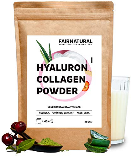 FAIRNATURAL® Kollagen & Hyaluron Pulver mit Vitamin C [DEUTSCHE WEIDEHALTUNG] - Hydrolysat Collagen Pulver - Kollagenpulver Peptide Typ 1&3 - Collagen Powder Peptides - Beauty Hyaluron Kollagen (450g)