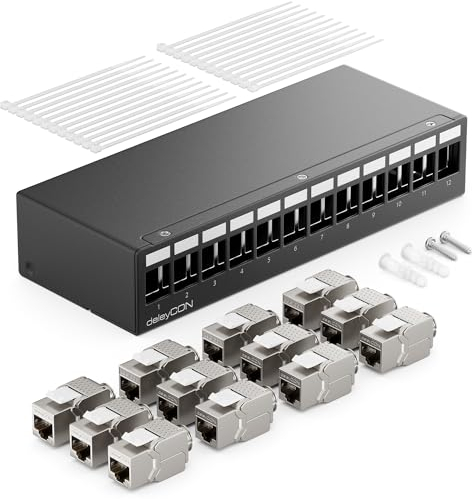 deleyCON 12 Port Patchpanel Set Patchfeld Verteilerfeld 1 HE + 12x RJ45 Keystone Jack Modul STP CAT6a Kompatibel mit Verlegekabel CAT6 CAT6a CAT7 Netzwerkkabel Ethernet LAN DSL - Schwarz