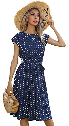 BOUTIKS Kleid Damen Sommer Elegant Rundhalsausschnitt Kurzarm Plissee A-Linie Polka Dot Kleid mit Gürtel, M