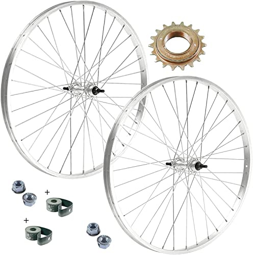 COPPIA RUOTA CERCHIO ANTERIORE + POSTERIORE 26 X 1. 3/8 BICI + PIGNONE ROCCHETTO 18 DENTI 1 VELOCITÀ ALLUMINIO/ACCIAIO 26X1.38 OLANDA BICICLETTA CITY BIKE PASSEGGIO DADI FISSAGGIO E FLAP INCLUSI