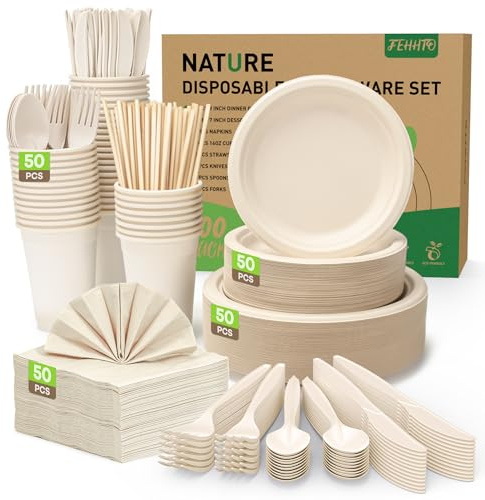FEHHTO 400PCS Disposable Paper Plates Set, Compostable Eco-friendly Dinnerware Set, Biodegradable Heavy-Duty Paper Plates, Utensils, Cups and Straws for Party Camping Natural Brown