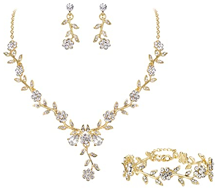 Clearine Damen Hochzeit Schmuck Set für Party Prom Blatt Cluster Blume Kristall Anhänger Halskette baumeln Ohrringe und Armband für Klar Gold Ton