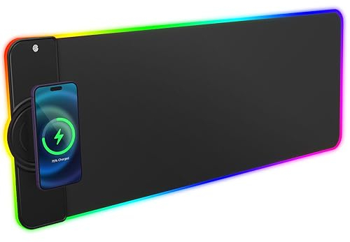 Hcman Charging RGB Gaming Mouse Pad - Wireless 15W Mousepad LED Extra Large Mouse Mat 80 * 30cm, 10 Light Modes Gaming Room Accessories, Computer Keyboard Mat Fast Charging Desk Mat for Gaming, Black