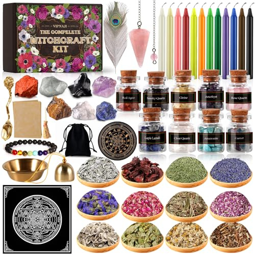 VIPNAJI 64PC Fournitures de Sorcellerie Ensemble de Sorcellerie Kit de Sorcellerie Bougies Candle Magiques Colorées Pierre Naturelles Pièces de Cristal,Fleur Séchée Utilisé pour la Prière,Mantra,Magie
