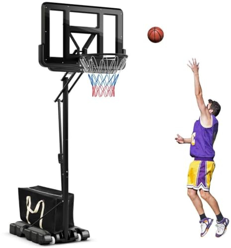 SPOTRAVEL Height Adjustable Basketball Hoop Stand, Portable Basketball Stand with 44 Backboard, Wheels & Weight Bag, Professional Basketball Hoop Net System for Kids Junior Adults (245-305cm)